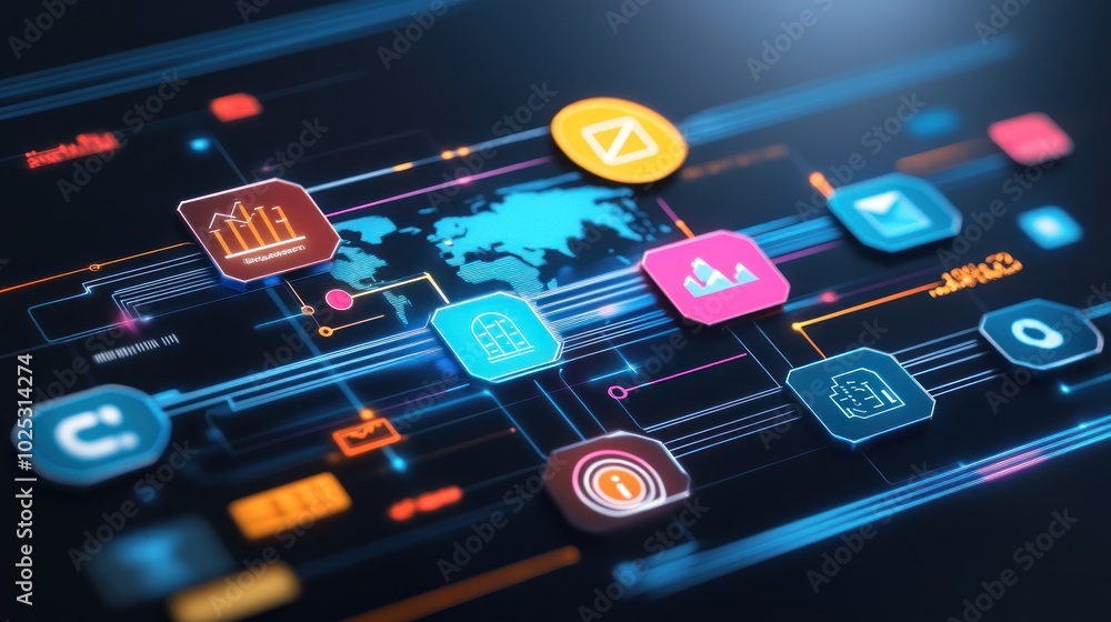 Poster Abstract Futuristic Interface with Icons and Global Map