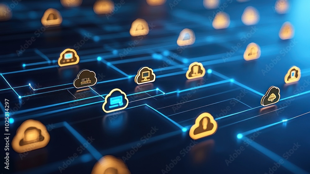 Leinwandbilder abstract digital cloud computing network with glowing blue lines and golden icons