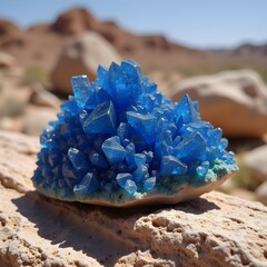 Vibrant blue crystal formation growing on rough rock surface in desert setting