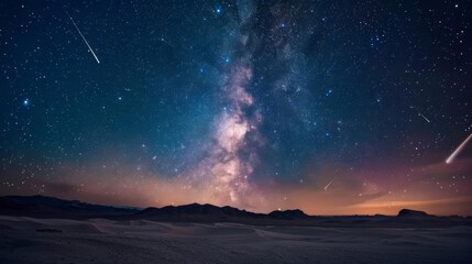 Fototapeta premium High-definition photo of a meteor shower over a desert, star-filled sky,