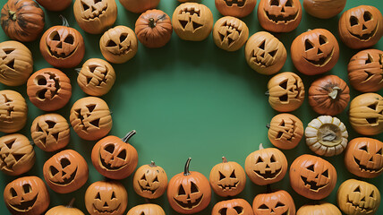 Obraz premium Orange jack-o'-lantern pumpkins on green background Halloween festive design. 