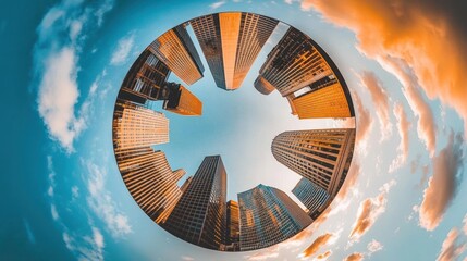 A Fisheye View of City Buildings and a Cloudy Sunset Sky