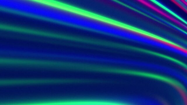 Abstract grainy background with flow of pulsating fluorescent light rays in acid green, bright pink, blue, orange, cyan. Flashing speed lines. Glowing colorful curved stripes. Rave party, disco vibe