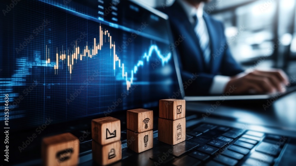Aufkleber Wooden Blocks with Icons on Laptop Keyboard in Front of a Stock Chart