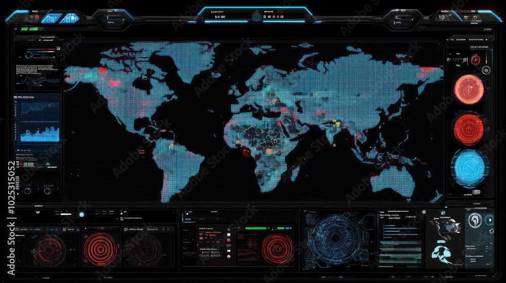 Poster Futuristic Digital Interface with World Map and Data Displays