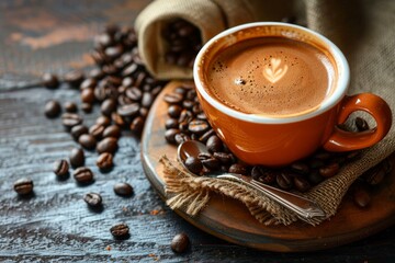 Aromatic coffee is served in a modern orange cup, creating a cozy and inviting atmosphere