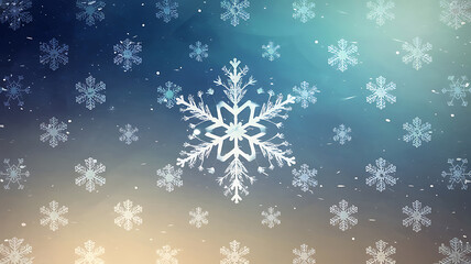 Fototapeta premium White snowflakes on a blue and yellow gradient background, winter holiday design. 