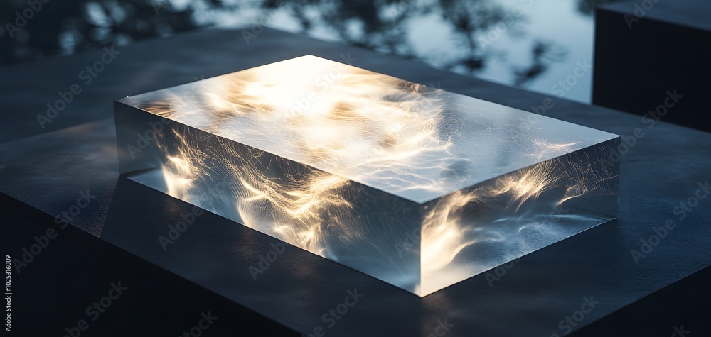 Poster a mesmerizing transparent block captures ethereal light patterns and reflections, creating a stunnin