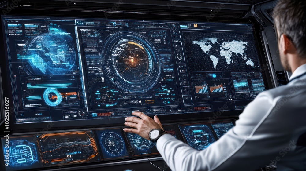 Poster Man Interacting with Futuristic Interface Displaying Earth and Data Visualizations