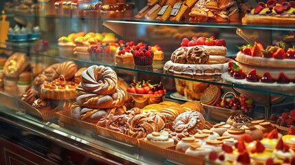 Fototapeta premium Hyper-detailed image of a bakery display, vibrant pastries, textures visible,