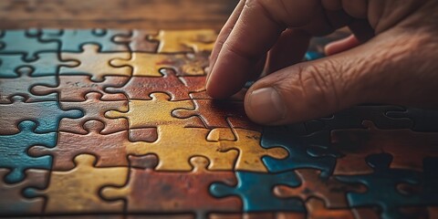 Close-up of hands assembling colorful wooden puzzle pieces, highlighting the fun and focus of a jigsaw game, print for National Puzzle Day
