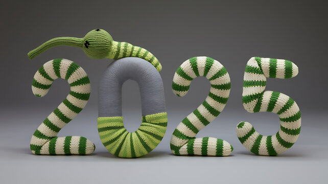 Knitted green and white striped numbers 2025 with a green worm on top for New Year's Eve celebration. 
