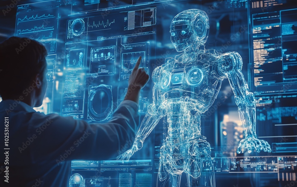Poster a scientist interacts with a holographic robot, showcasing advanced technology and innovation in rob