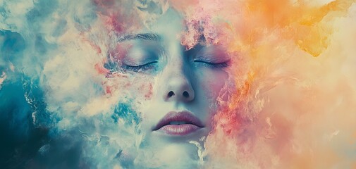 Fototapeta premium A serene face emerges from colorful wisps of smoke, blending creativity with tranquility in this artistic representation.