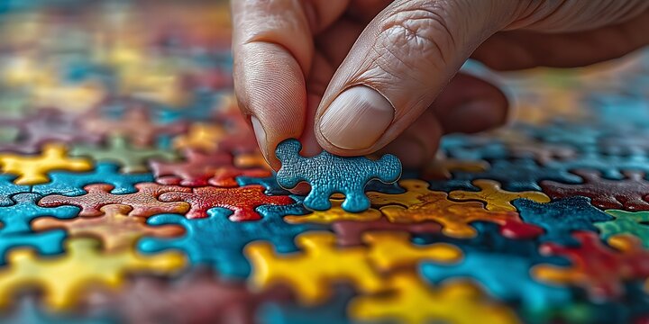 Colorful jigsaw puzzle being assembled by hand, capturing the leisure activity of playing with intricate pieces in a fun brain game, print for National Puzzle Day - Powered by Adobe