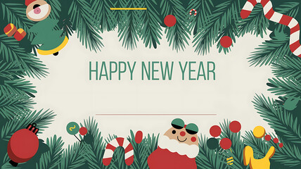 Green pine branches, red ornaments, and a festive, minimalist design perfect for New Year's greetings. 
