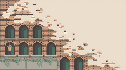 Vintage brick wall with green windows and lantern, perfect for urban design projects. 
