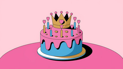 Pink and blue birthday cake with a golden crown, perfect for a celebration. 
