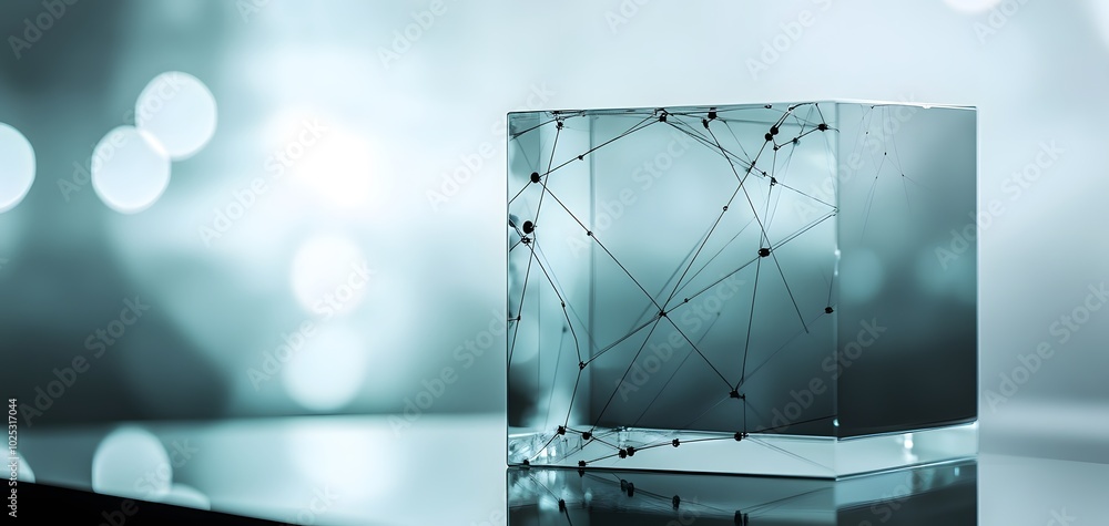 Poster a transparent cube with intricate network lines, reflecting soft light, perfect for modern design co