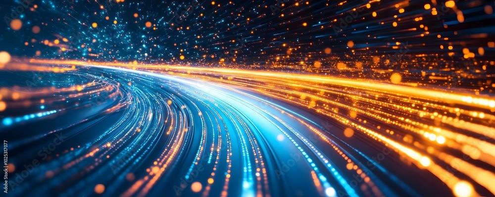 Poster a vibrant abstract background showcasing dynamic light trails in blue and orange, symbolizing speed 