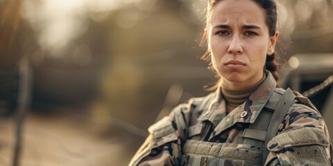 Obraz premium Confident woman in uniform and serious young soldier in camouflage, embodying themes of safety, service, and readiness for battle