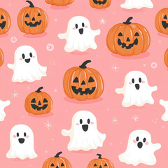 Design of Halloween pattern with cute pumpkin lanterns and ghosts. Vector illustration
