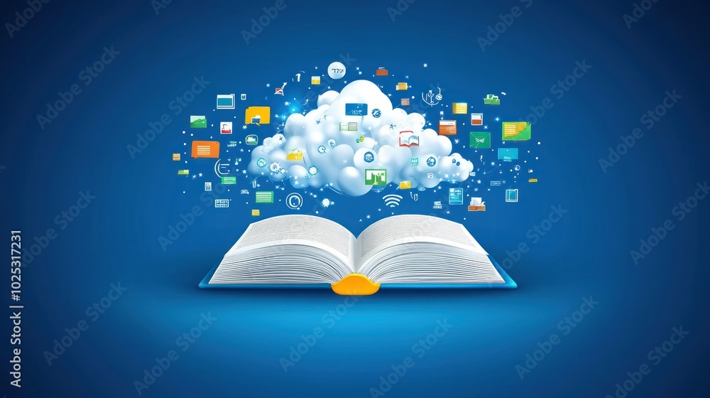 Poster Open Book with Cloud and Digital Icons Representing Knowledge and Information