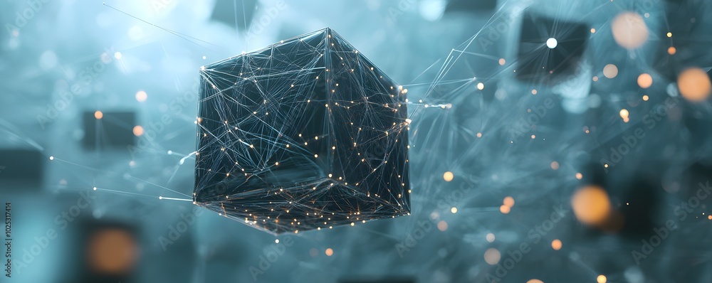Poster abstract digital cube floating in a network of glowing connections, representing technology and inno