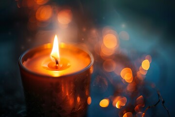 A candle burning in the darkness, casting an ethereal glow on its...