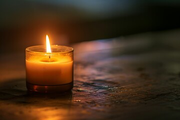 A candle burning in the darkness, casting an ethereal glow on its...