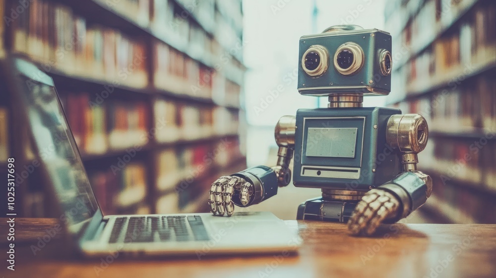 Poster A retro-style robot using a laptop in a library setting.