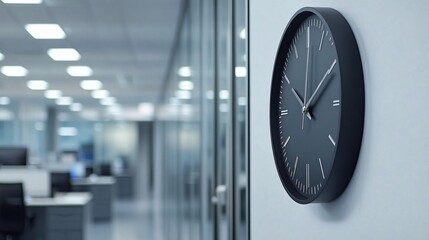 A black clock hangs on a white wall in an office. The clock is round and has black hands and numbers. The clock is in focus, while the office behind it is blurred.