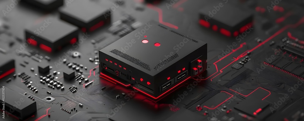 Poster close-up of a modern circuit board with intricate details in black and red, showcasing technology an