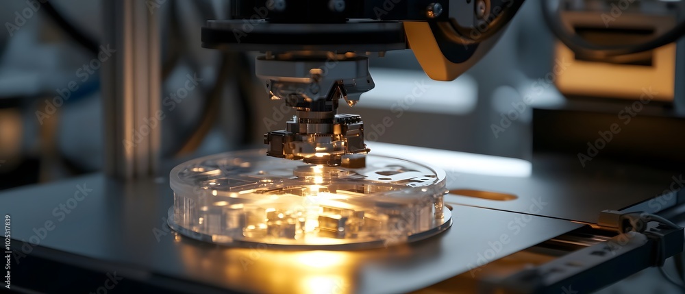 Poster close-up of a modern 3d printer creating a transparent object in a lab environment, showcasing advan