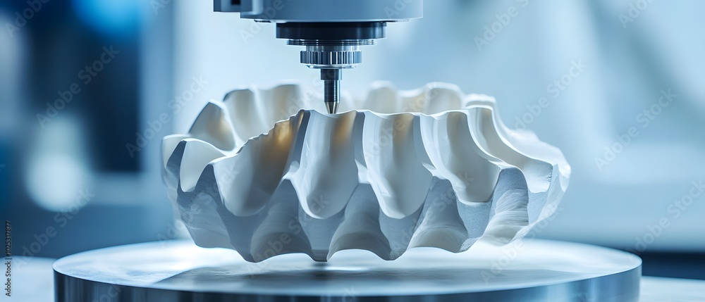 Poster close-up of a precision machining process creating a detailed part, showcasing modern technology and