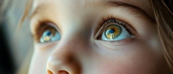 Close-up of a child's eyes gazing upwards, reflecting wonder and curiosity in a soft, natural light setting.