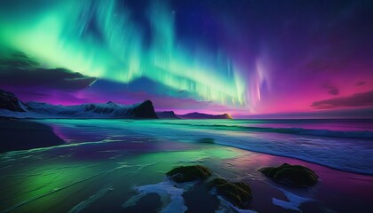 The Aurora Borealis reflecting over a beach during the evening hours. AI Generated image