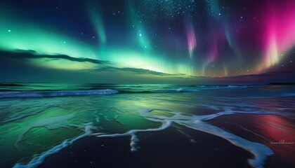 The Aurora Borealis reflecting over a beach during the evening hours. AI Generated image