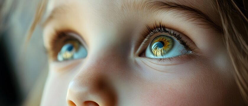 Close-up of a child's eyes gazing upwards, reflecting wonder and curiosity in a soft, natural light setting.