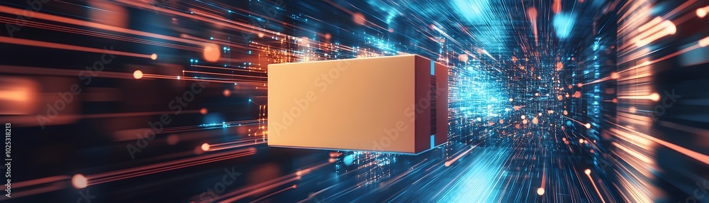 Poster dynamic motion background featuring a glowing box among vibrant light trails and digital elements fo