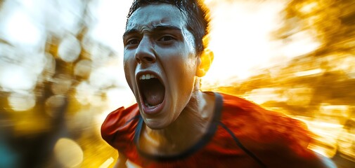 Dynamic runner expressing intense emotion in a blurred backdrop, capturing the essence of determination and energy.