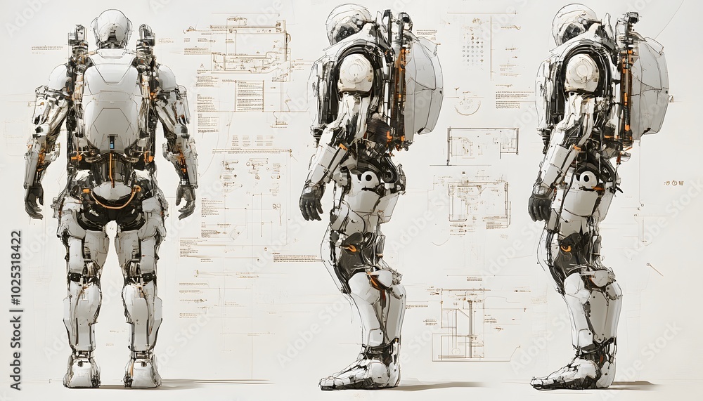 Poster futuristic robot design showcasing different perspectives and technical sketches. ideal for science 