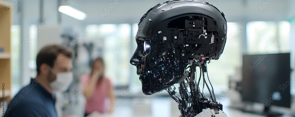 Poster futuristic robot head displayed in a lab, showcasing advanced technology and design, highlighting in