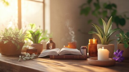 A wooden table set with a variety of holistic wellness books, candles, and plants, creating a peaceful atmosphere