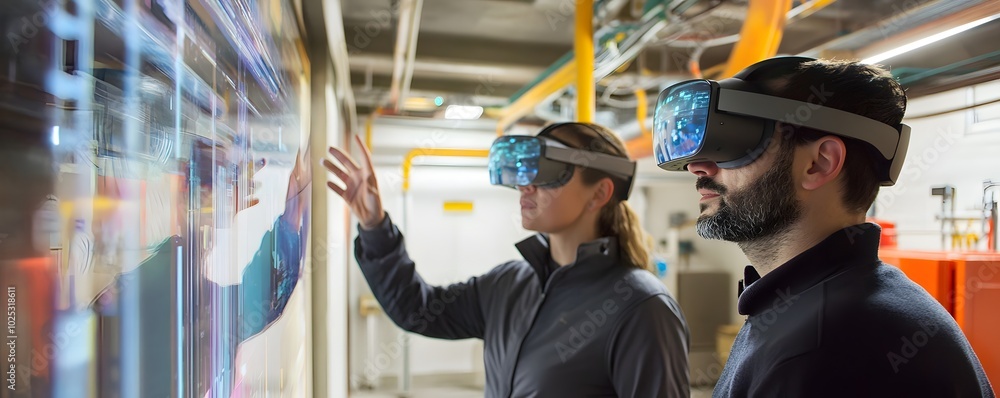 Poster two professionals engaged in virtual reality technology, exploring interactive digital displays in a