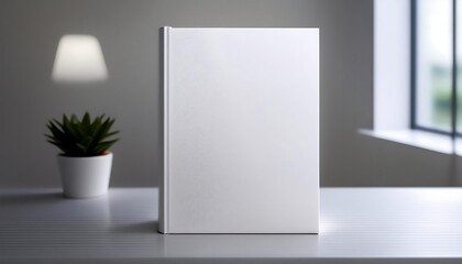 Blank book cover mockup on a clean white surface with natural light from a nearby window. Generative AI