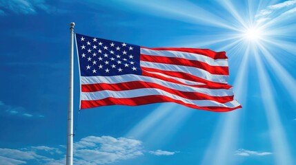 Obraz premium An American flag gently waving in the wind with rays of light streaming through the blue sky above