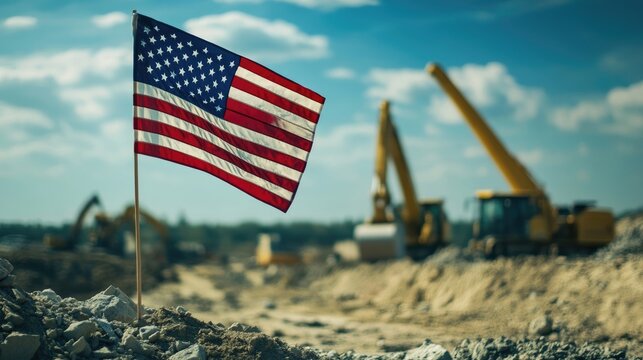 An American flag waving gently in the breeze at a construction site, with machinery in the background and blue skies above