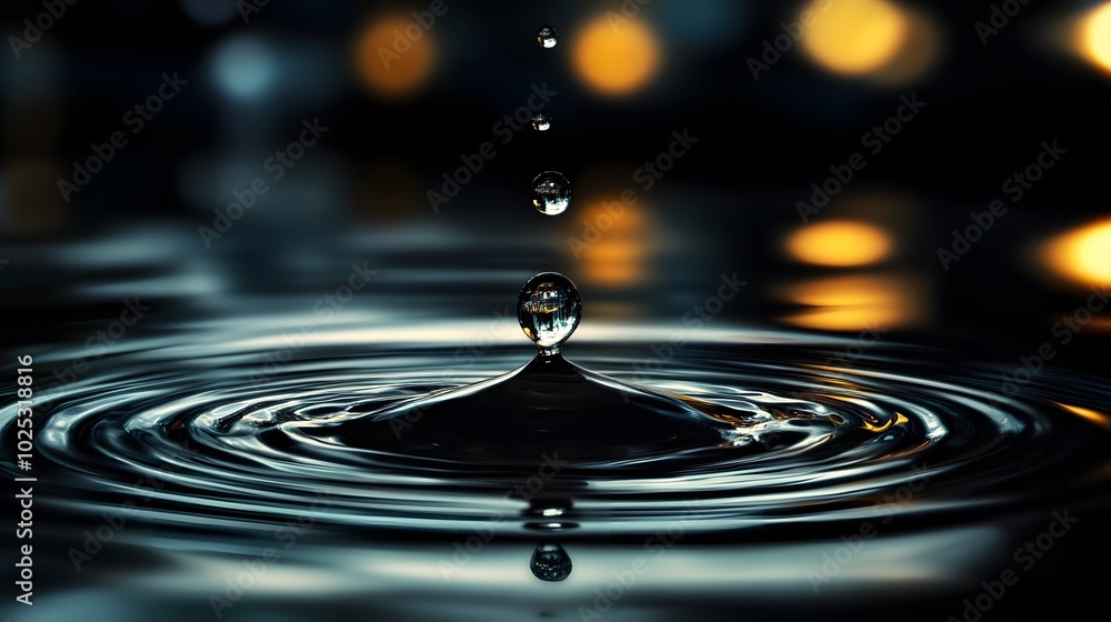 Poster a close-up image of a water droplet falling into a calm surface, creating ripples and reflections of