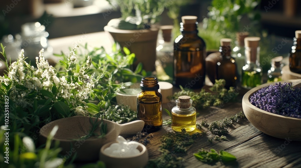 Poster an array of herbal remedies and essential oils displayed on a wooden table, surrounded by greenery